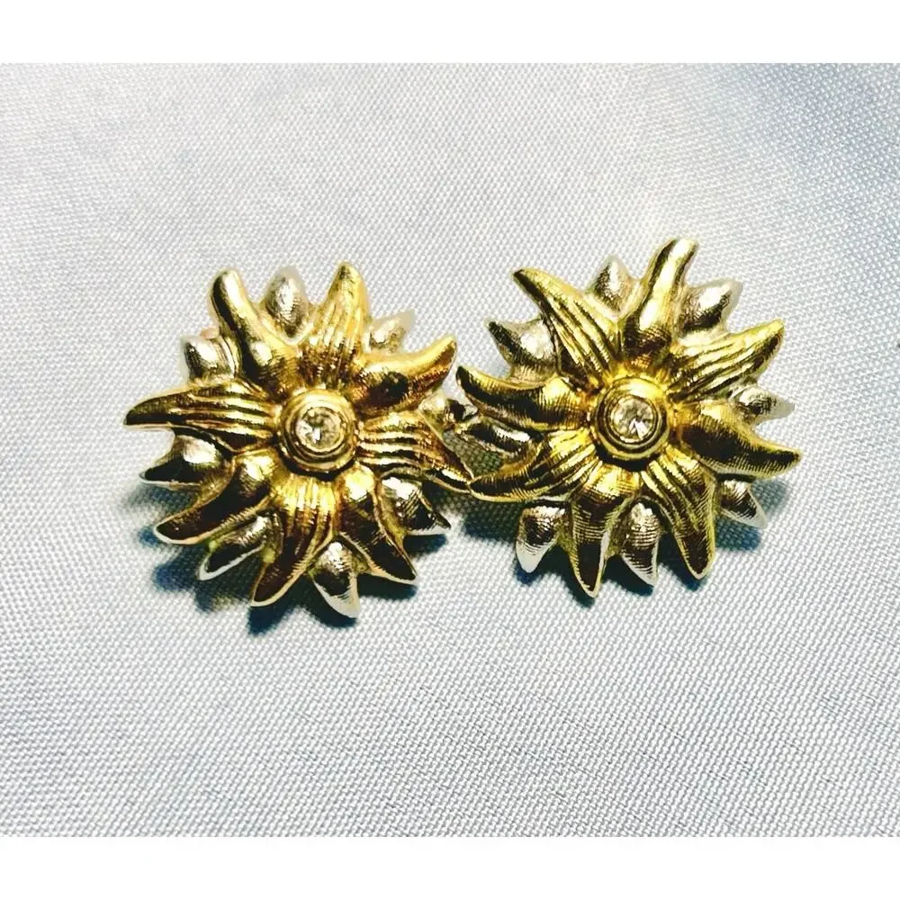 Vintage Sunburst Sunflower Earrings Clip On Gold And Silver Tone Sun Celestial